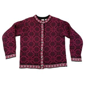 LLBean Vintage Nordic Cardigan 90s Small 100% Cotton Raspberry and Black